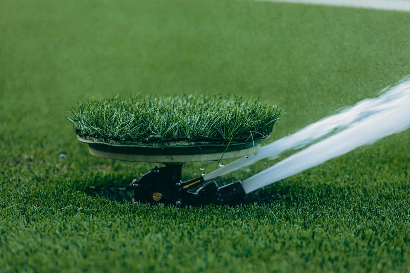 Pop-up lawn sprinkler head spraying a flat stream of water across thick green turf