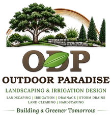 Outdoor Paradise Landscaping & Irrigation Design logo — an oak tree, shrubs and a stone retaining wall above the ODP monogram with a green leaf, and the tagline "Building a Greener Tomorrow"