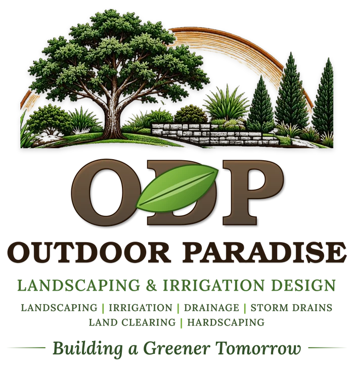 Outdoor Paradise Landscaping & Irrigation Design logo — an oak tree, shrubs and a stone retaining wall above the ODP monogram with a green leaf, and the tagline "Building a Greener Tomorrow"